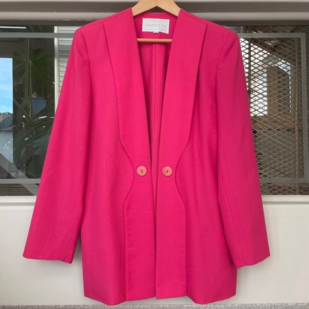 Vintage 80s Hot Pink Open Lapel Geometric Wave Squiggle Blazer Size 12